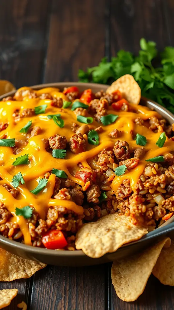 A flavorful Tex-Mex beef and rice casserole topped with melted cheese and garnished with herbs.