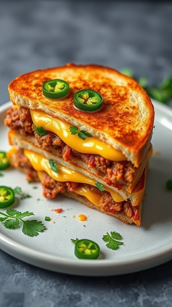 A delicious Tex-Mex chorizo and pepper jack grilled cheese sandwich with jalapeños and cilantro