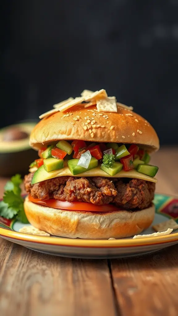 A Tex-Mex Taco Burger with fresh avocado salsa and colorful toppings.