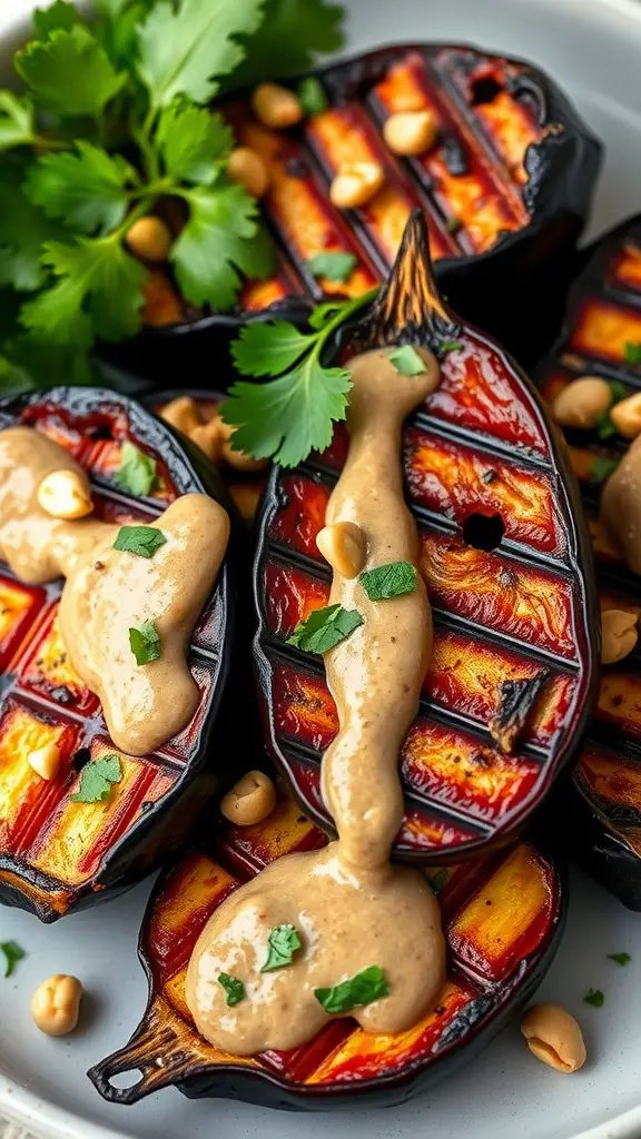 Thai-inspired grilled eggplant with peanut sauce, garnished with cilantro and peanuts.