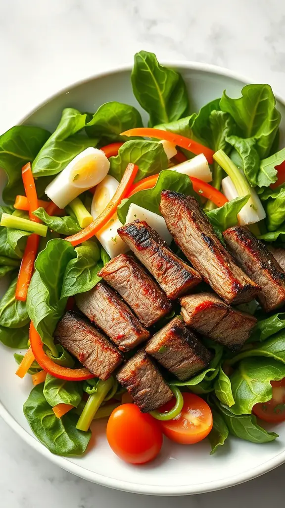 A colorful bowl of Thai beef salad with grilled strips, featuring greens, cherry tomatoes, and sliced vegetables.