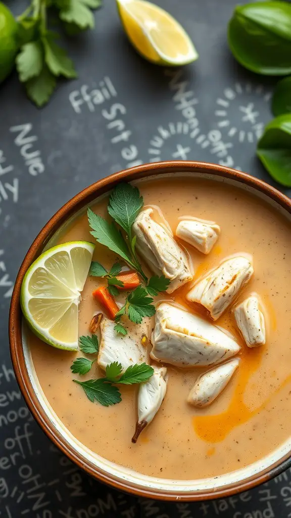 A bowl of Thai Coconut Chicken Soup garnished with lime and cilantro.