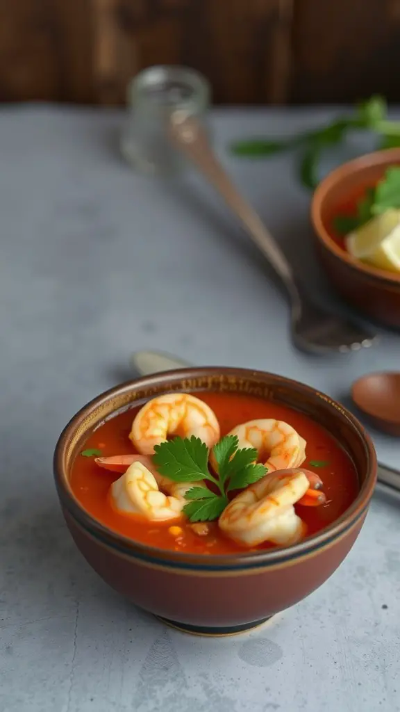 A bowl of Thai coconut soup with shrimp, garnished with cilantro.