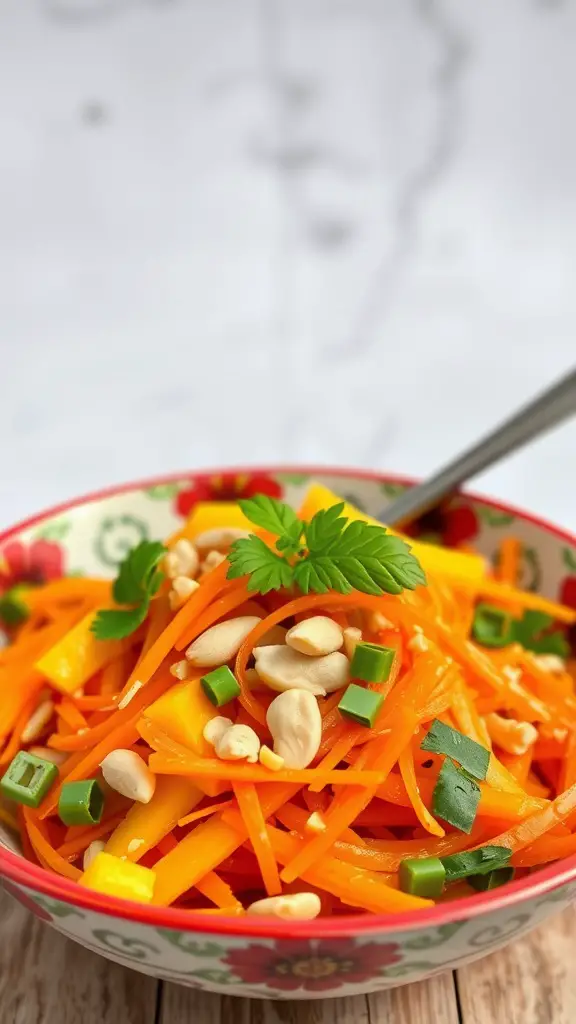 A colorful bowl of Thai Mango Salad with mango, carrots, and peanuts.