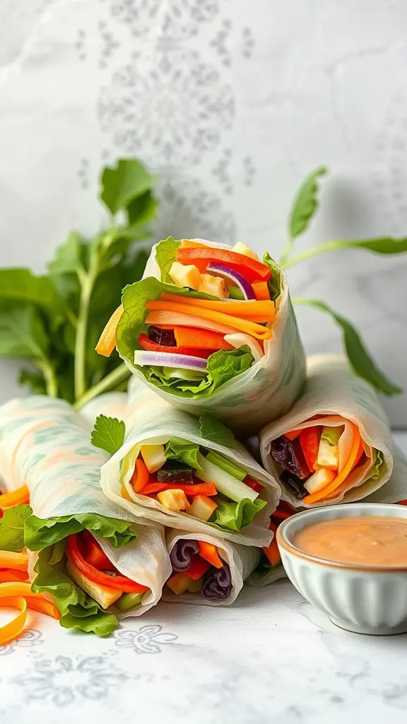 Freshly made Thai summer rolls with colorful vegetables and a small bowl of peanut dipping sauce.