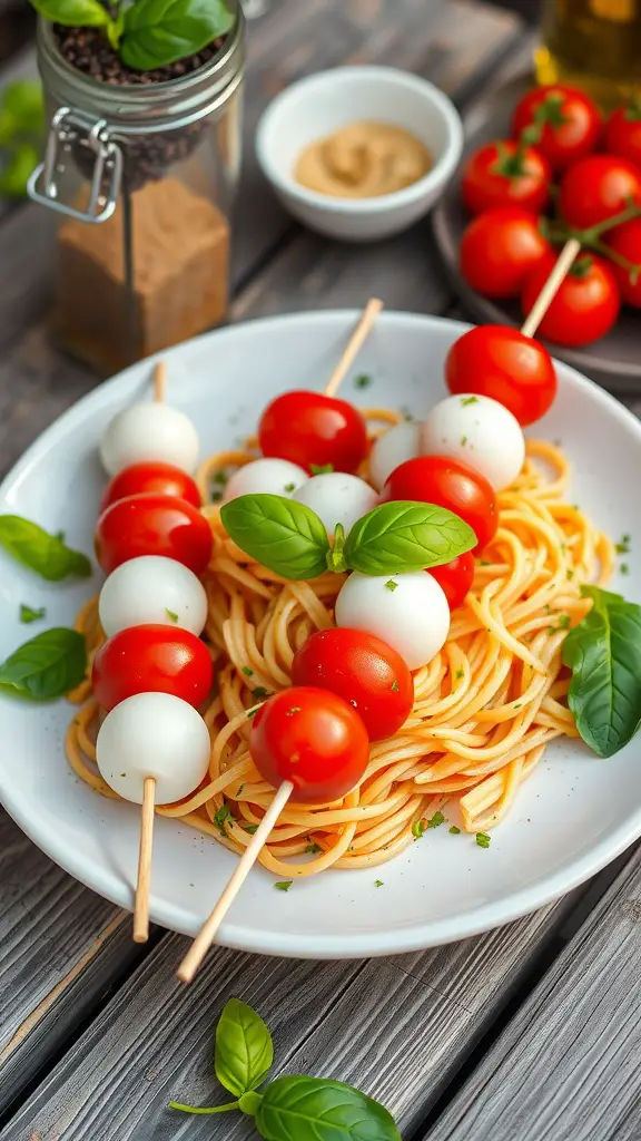 Tomato and mozzarella skewered pasta with fresh basil on a plate