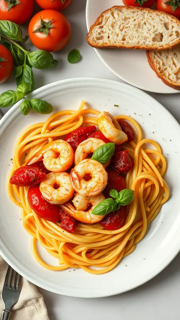 A plate of tomato and shrimp capellini pasta garnished with basil.