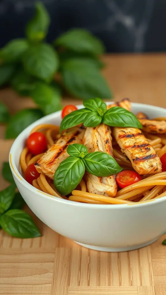 A bowl of Tomato Basil Pasta topped with grilled chicken and fresh basil.