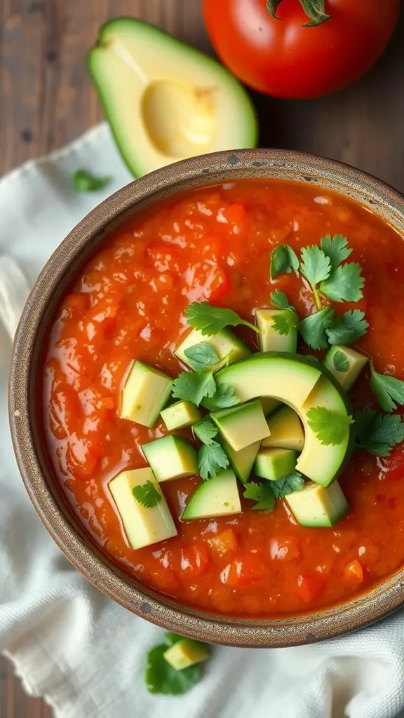 A bowl of tomato gazpacho garnished with avocado and cilantro