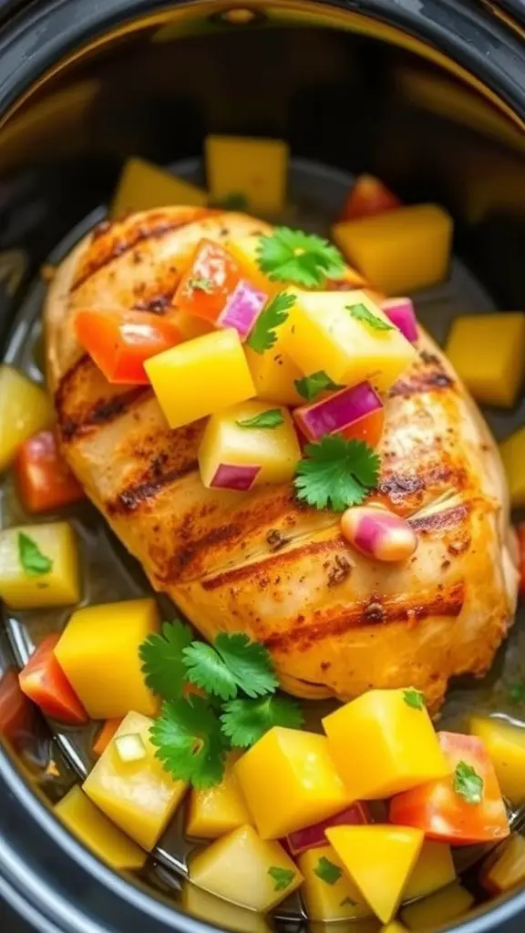 Slow cooker chicken with mango and pineapple salsa on top