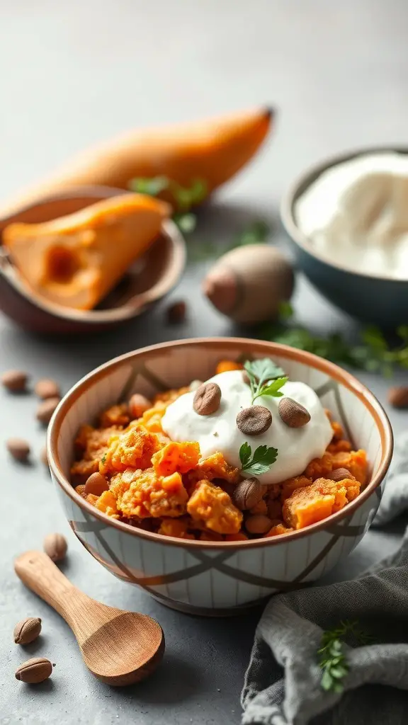 A delicious bowl of creamy sweet potato bake topped with coconut cream and nuts.