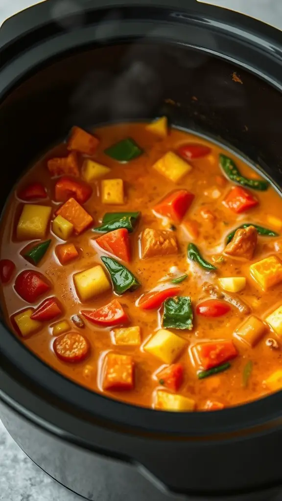 A close-up of a slow cooker filled with vibrant vegetable curry, featuring colorful chunks of vegetables in a creamy sauce.