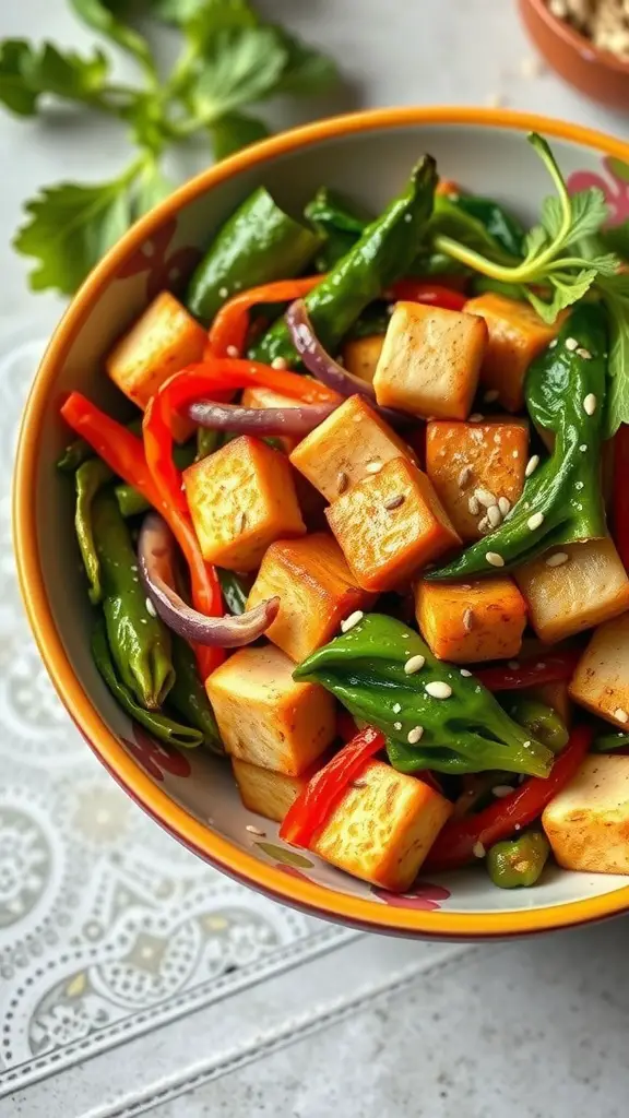 A colorful vegetable stir-fry with tofu and sesame served in a bowl.