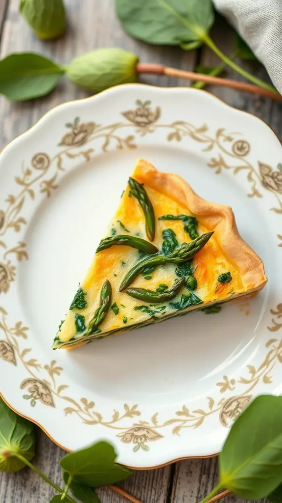 Slice of Veggie-Packed Quiche with Spinach and Asparagus on a decorative plate