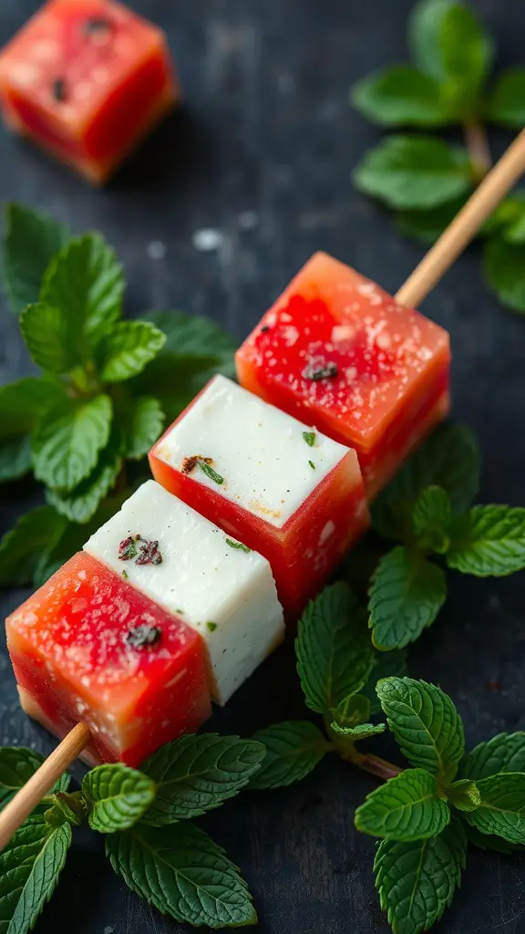 Watermelon and feta bites on skewers with fresh mint leaves