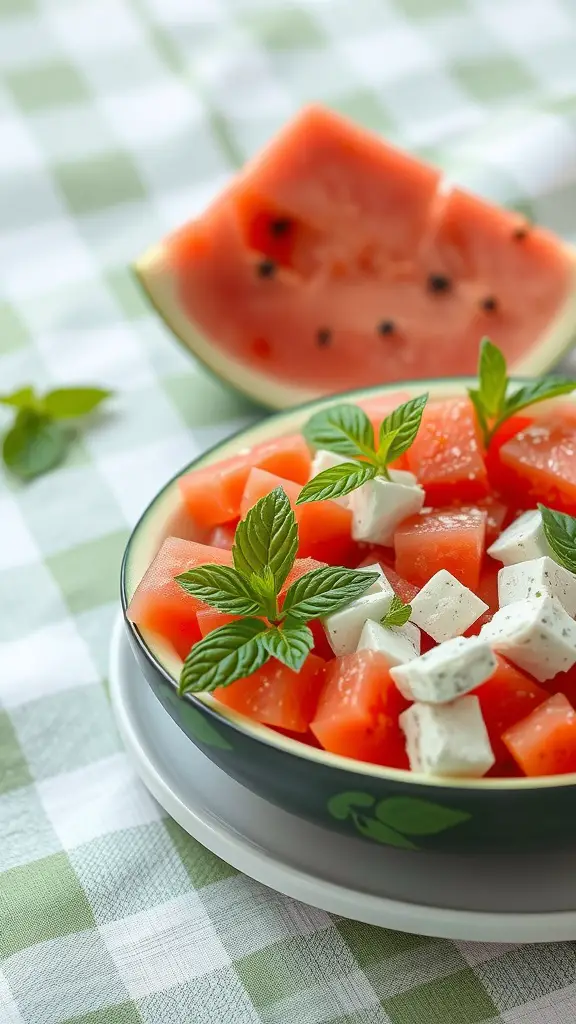 A bowl of watermelon and feta salad garnished with mint leaves