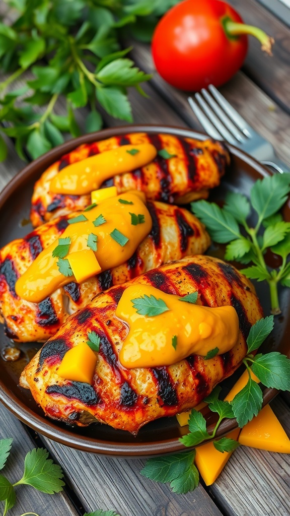 Delicious BBQ chicken breasts topped with mango chutney and fresh herbs.