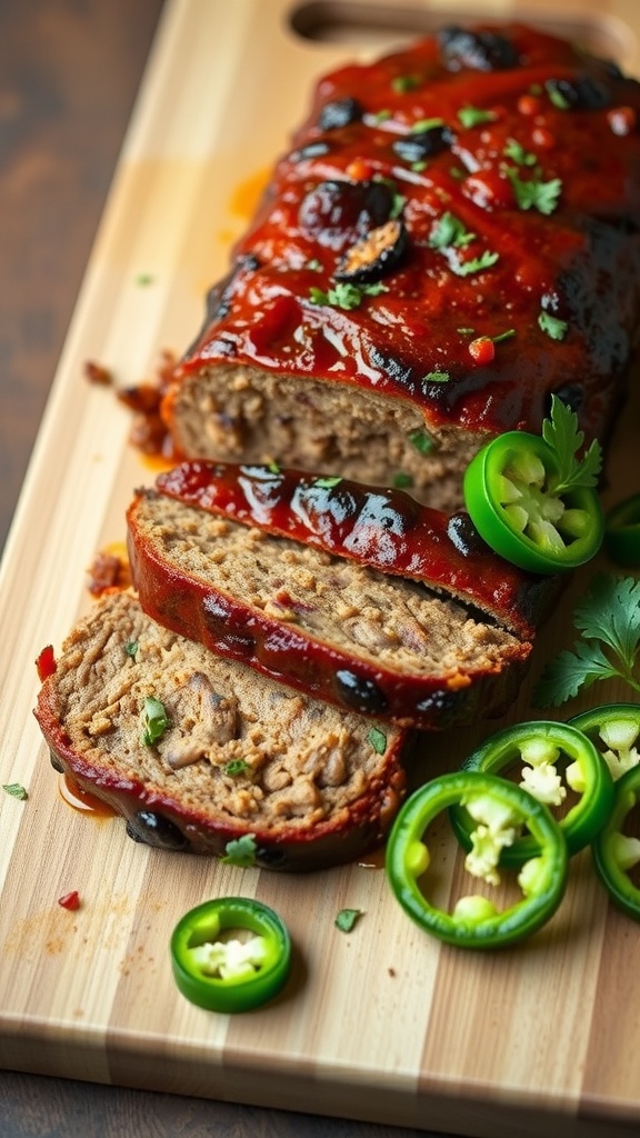 Zesty BBQ Meatloaf with jalapeños on a wooden cutting board, sliced and garnished with fresh jalapeños and cilantro.