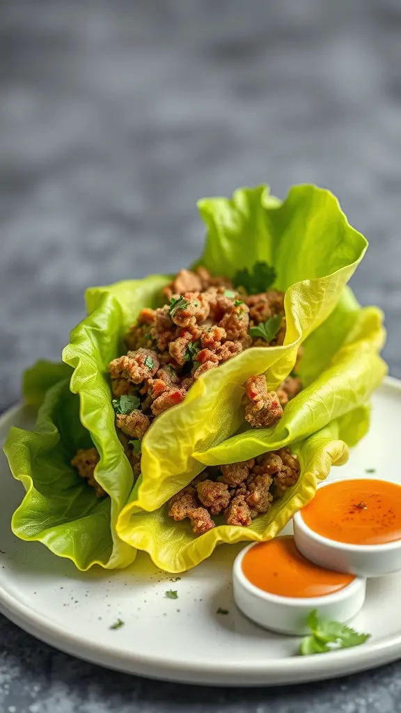 Zesty beef lettuce wraps with ground beef filling and dipping sauce.