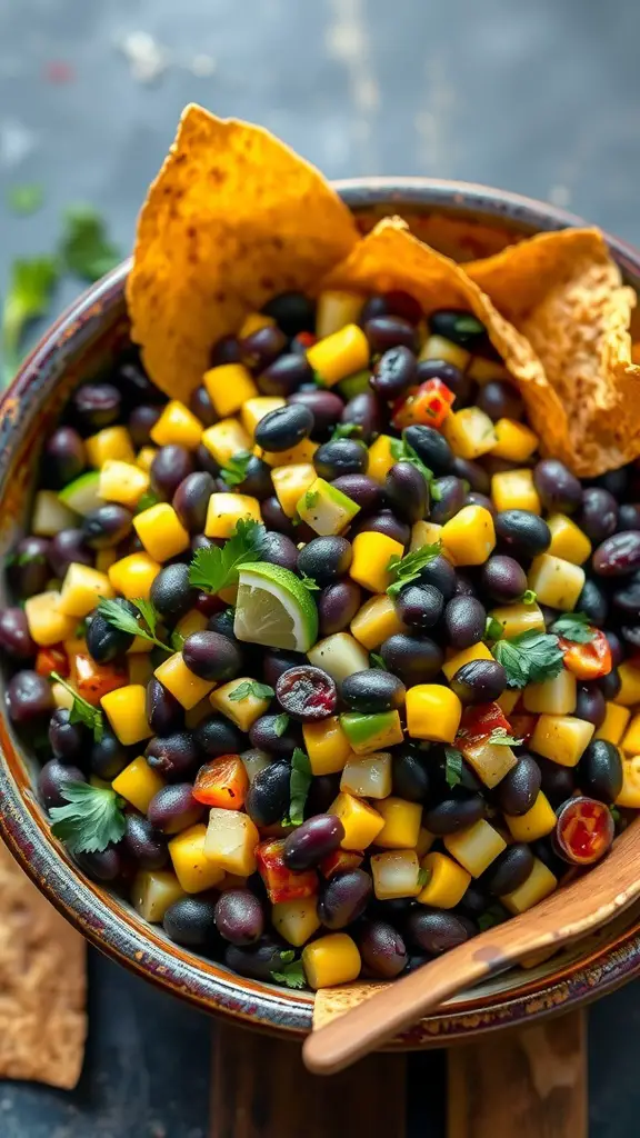A colorful bowl of black bean and corn salad with diced peppers and lime
