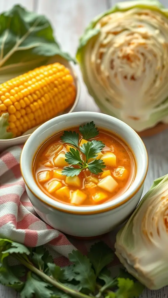 A bowl of zesty cabbage and corn soup garnished with cilantro, surrounded by fresh ingredients.
