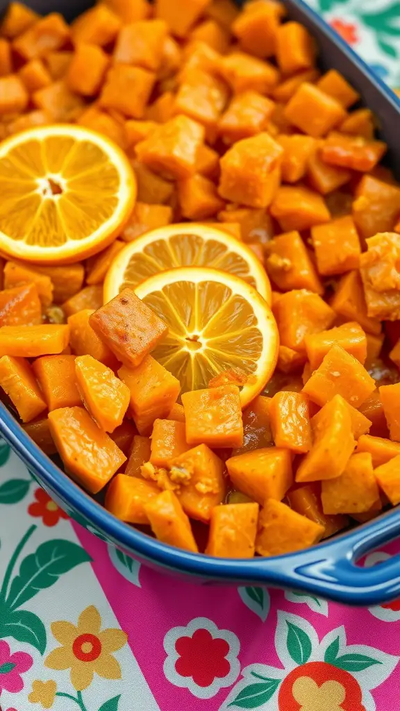 A vibrant sweet potato casserole topped with orange slices.