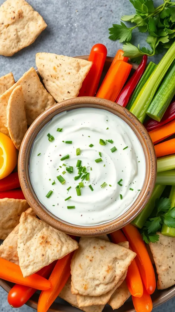 A bowl of Zesty Greek Yogurt Ranch Dip surrounded by colorful veggies and pita chips.