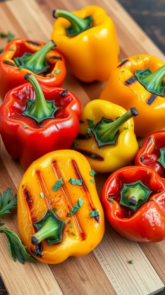 Grilled bell peppers on a wooden cutting board, featuring red and yellow varieties garnished with herbs.