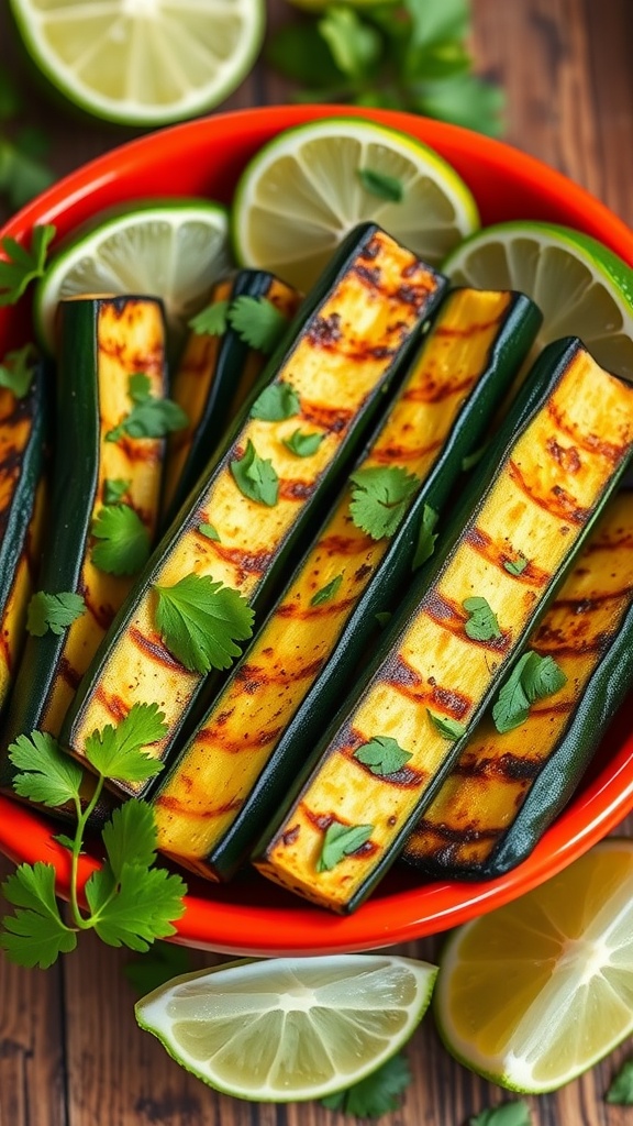 Grilled zucchini slices garnished with cilantro and lime
