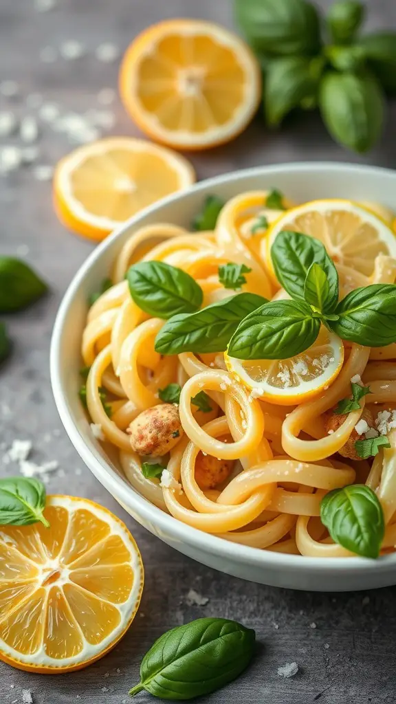 A bowl of zesty lemon basil pasta salad garnished with fresh basil and lemon slices.