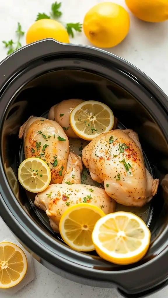 A close-up of lemon garlic chicken with fresh lemon slices.