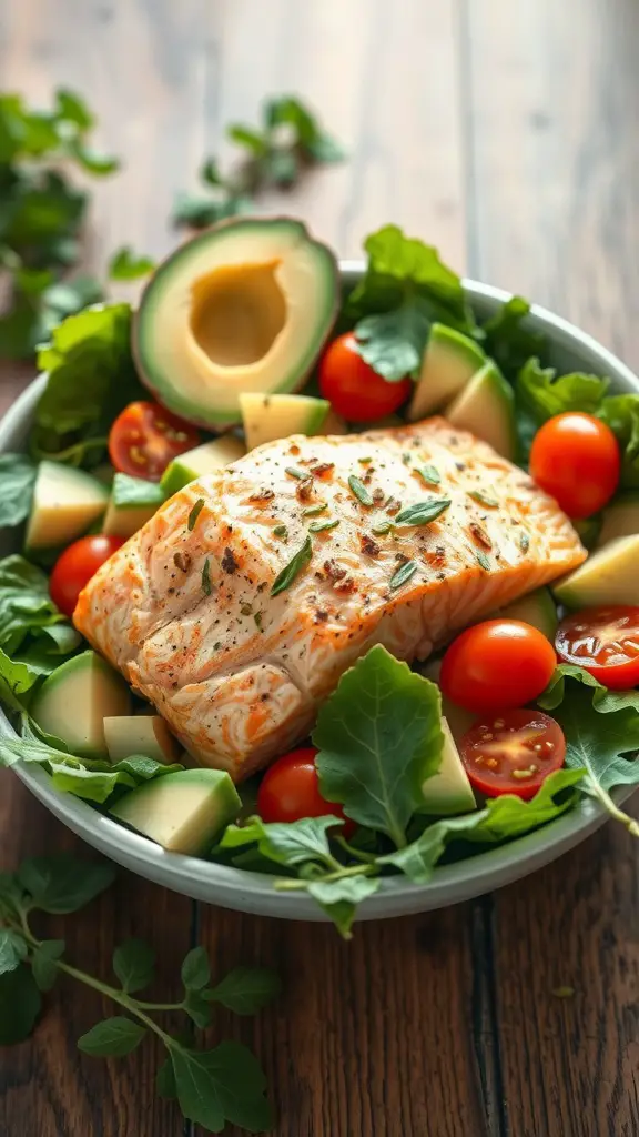 A vibrant bowl of Zesty Salmon Salad featuring salmon, avocado, and fresh vegetables.