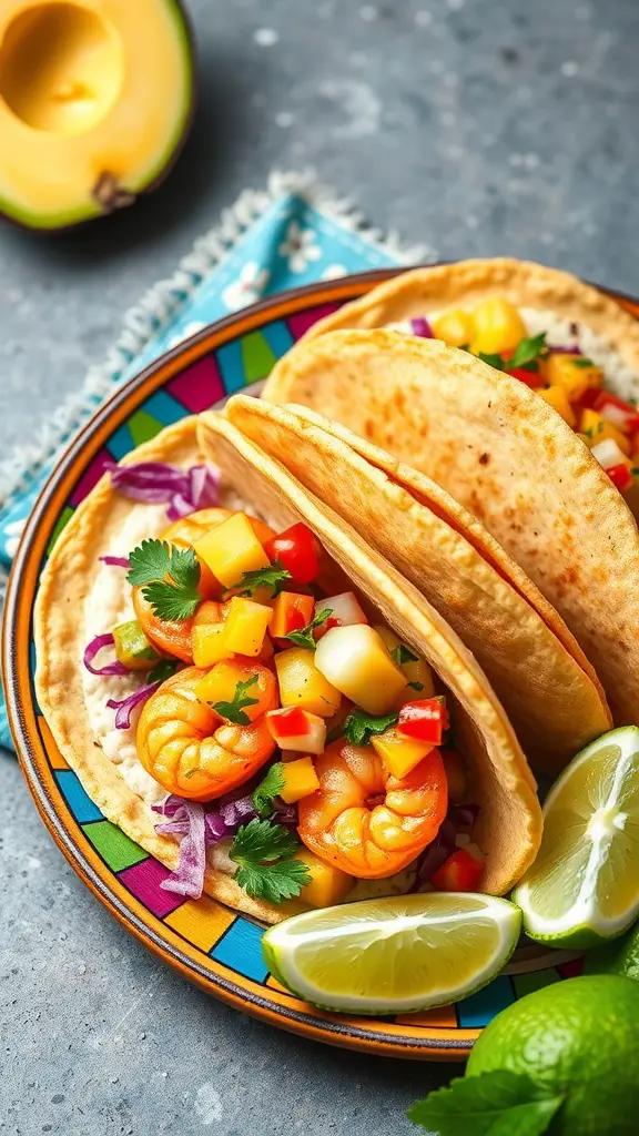 A vibrant platter of shrimp tacos with mango salsa, garnished with lime wedges
