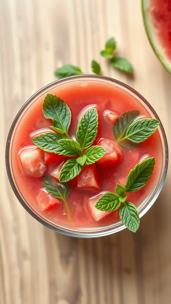 Refreshing watermelon and mint soup served in a bowl with mint leaves on top.
