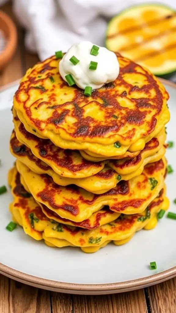 A stack of zucchini and corn fritters topped with sour cream and chives.