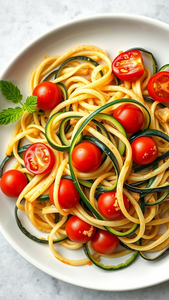 A plate of zucchini and eggplant noodles garnished with cherry tomatoes and fresh basil.