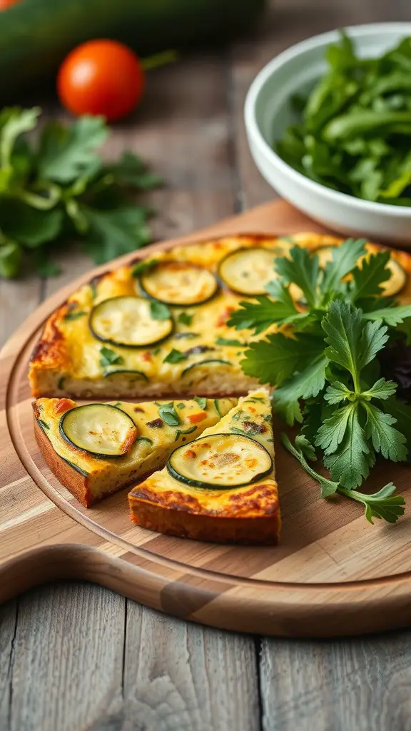 A delicious zucchini frittata topped with fresh herbs, served on a wooden board.