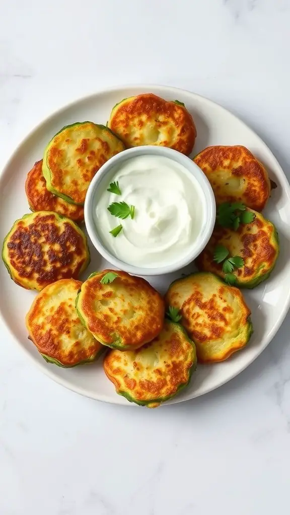 Zucchini fritters served with a yogurt dip.