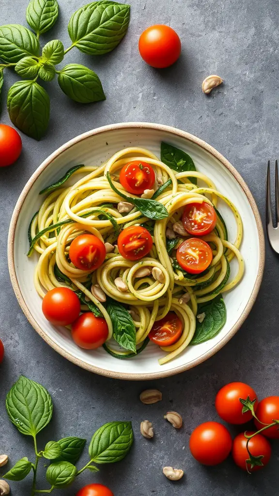 A plate of zucchini noodles topped with pesto and cherry tomatoes