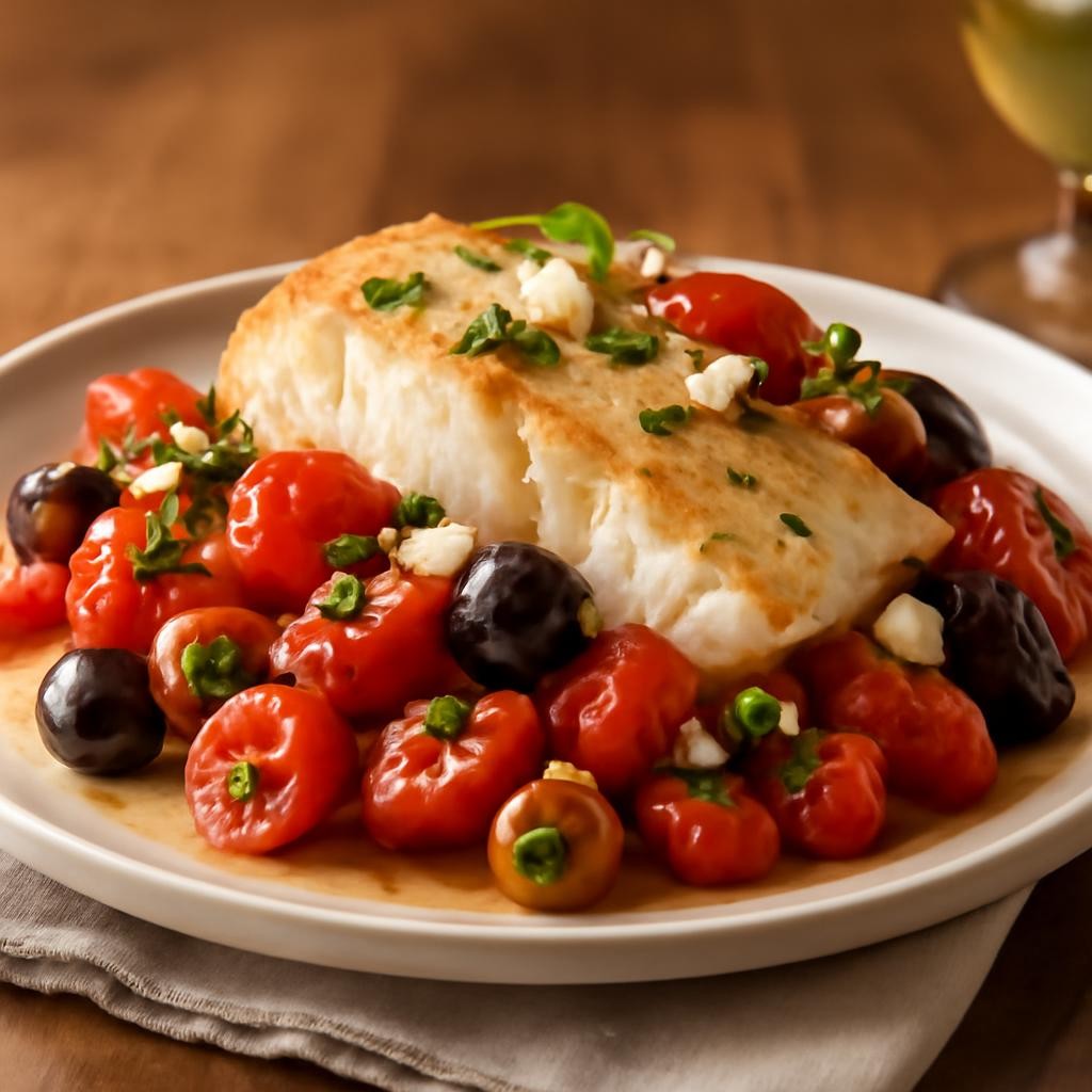 Mediterranean Cod with Tomatoes, Olives, and Feta