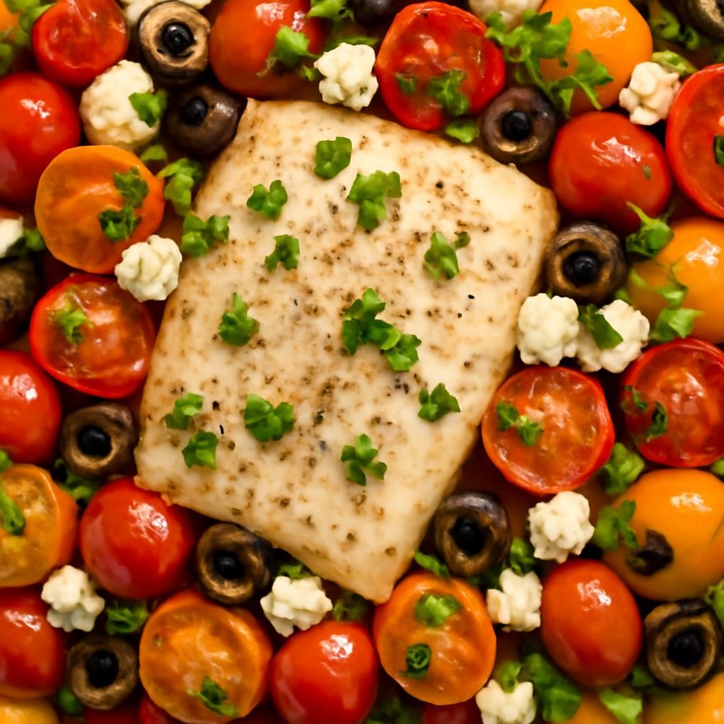 Mediterranean Cod with Tomatoes, Olives, and Feta